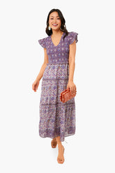 Exclusive Purple Rosita Border Smocked Midi Dress